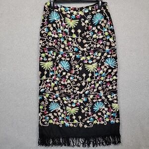INTRIGUING‎ THREADS Embroidered Maxi Fringe Skirt Black Multicolor Size 8 Floral